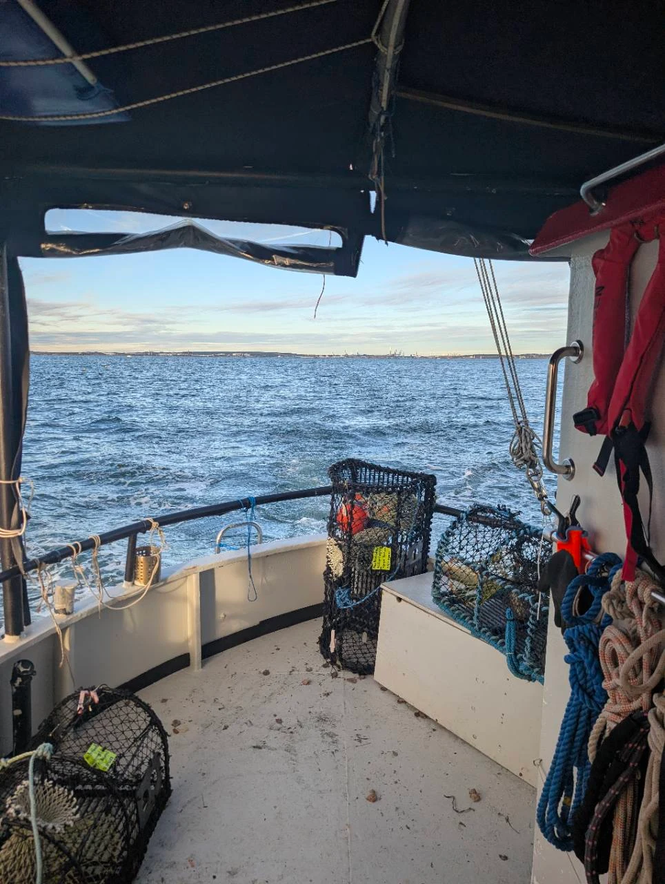 Hummertinor på båtens akterdäck med öppet hav bakom.