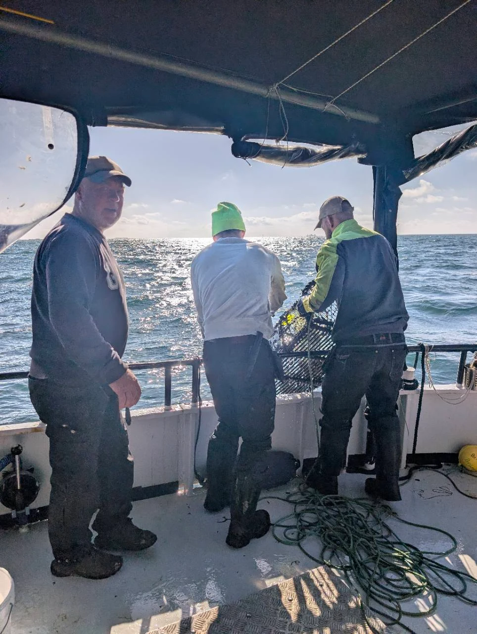 Tre personer vid båtens akter arbetar med en hummertina, med havet bakom.